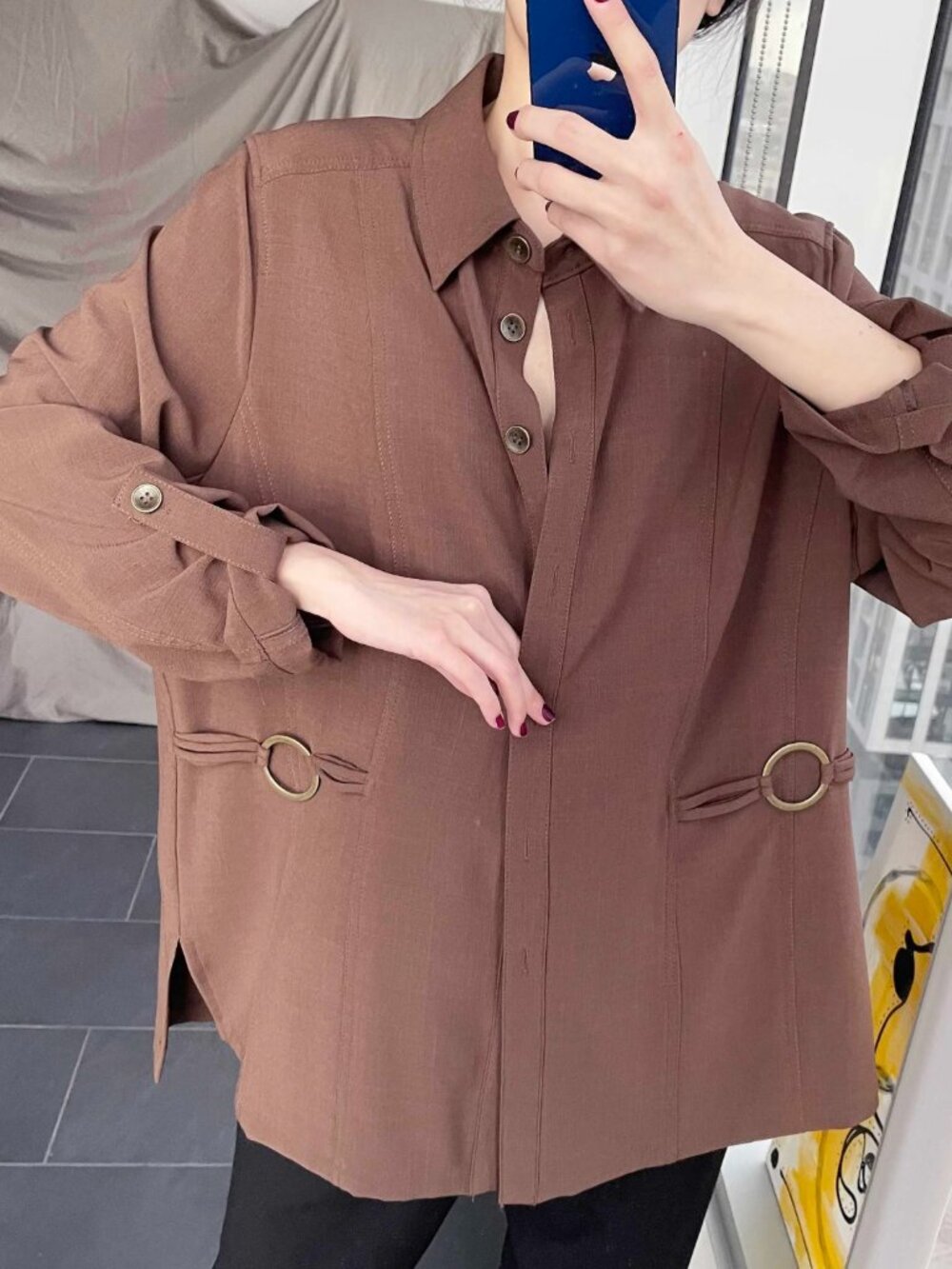 Loose-Fit Brown Button-Up with Ring Details
